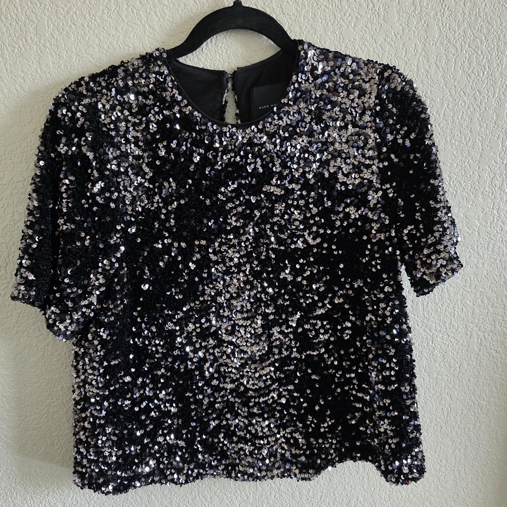Alex Marie Black and Silver Sequin Short Sleeve Top
